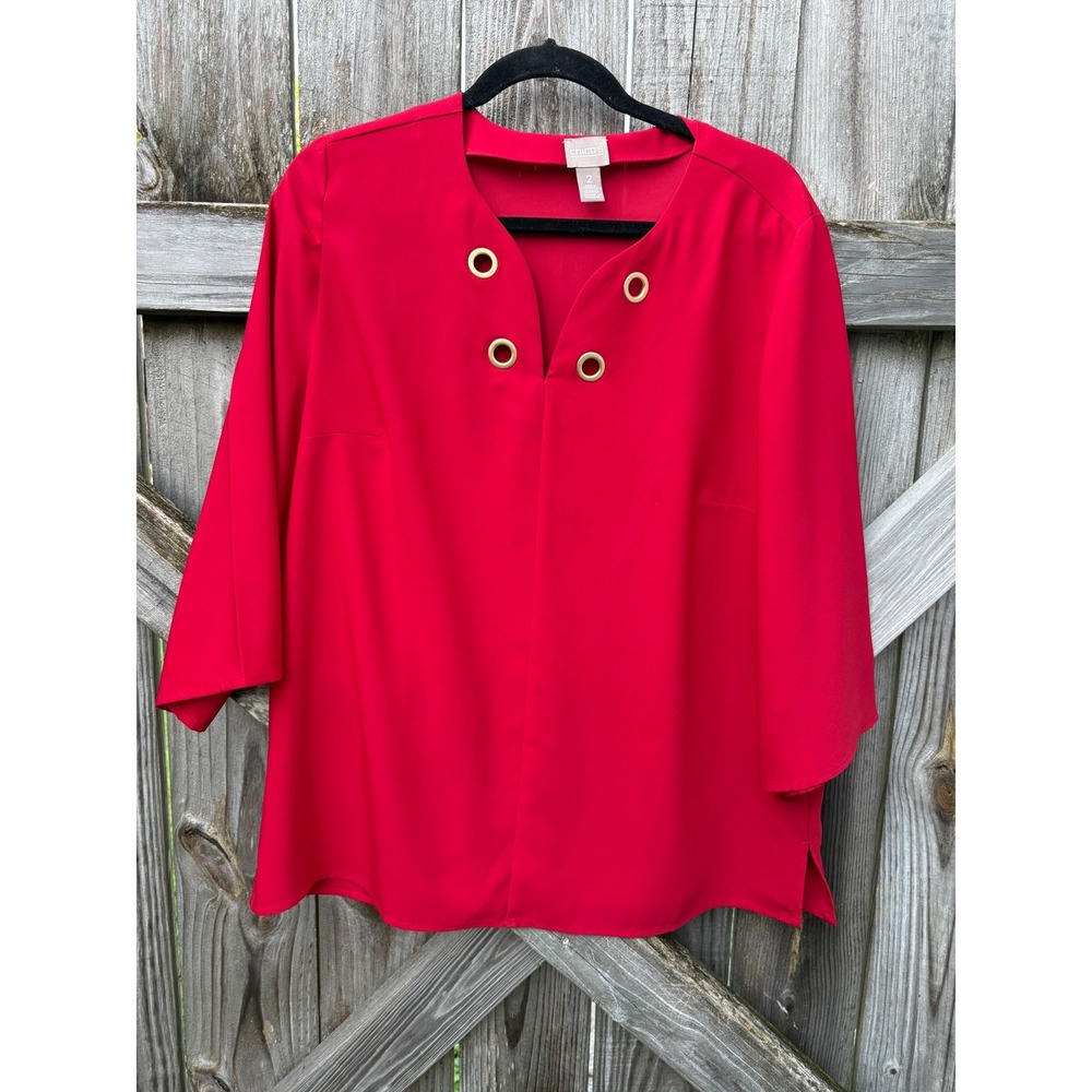 Chicos Red Grommet Split Neck Blouse Top 3/4 Sleeve Size 2 L 570211598